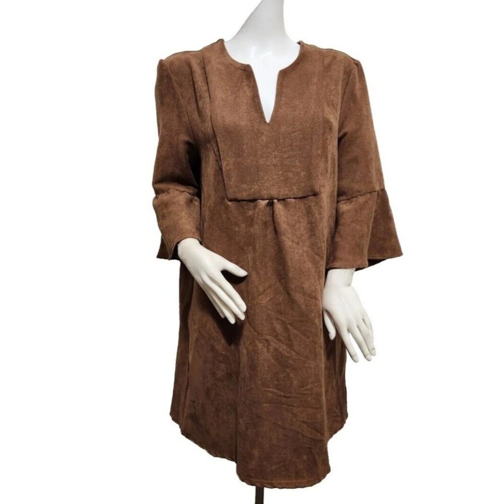 Jude Connally Kerry Saddle Brown Faux Suede Shift Dress Bell Sleeve Size XS (40)